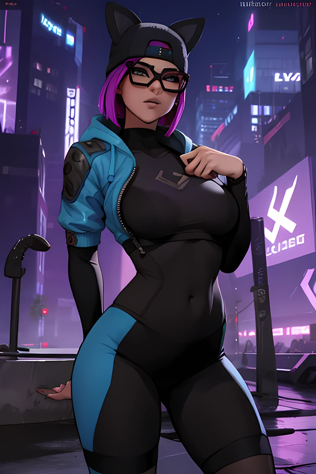 lince Cyberpunk, pulsera de picos,gorro de invierno , shorts negro con leggins Azul Marino, chaqueta azul marino ,Extremadamente detallado, rostro detallado, gafas ,hermoso rostro, ojos finos, mirando al espectador, pose femenino, Noche