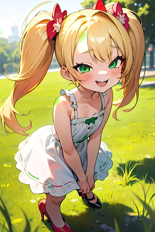 ((Masterpiece)), ((Best Quality)), (Ultra-detailed), ((high definition 4k)) Anime style, Cute, 1girl in, Solo, ((Beautiful green eyes)), Smile, (thin legs), details in the environment, face the lens, full body, lesbian, seductive, seductive smile, seductive eyes, undressing, raped, accurate depiction of the human body, 1 girl, cute, bratty, spoiled, blonde hair, twintails, long hair, cute, bratty, teasing look, dim lighting, green eyes, smiling, sassy, sassy smile, small, blond hair, long blond hair, twintails, twin-tails, golden twintails, blond twintails, (long blond twintails), laughing at viewer, laghing pose, laughing, laughing expression making of at POV, (in a park) ((in a park at day time)), ((red heels)), ((small white short summer dress)), (((Loli))) (((Young girl))) (((child girl))),  twintails, sassy, cheey, mesugaki