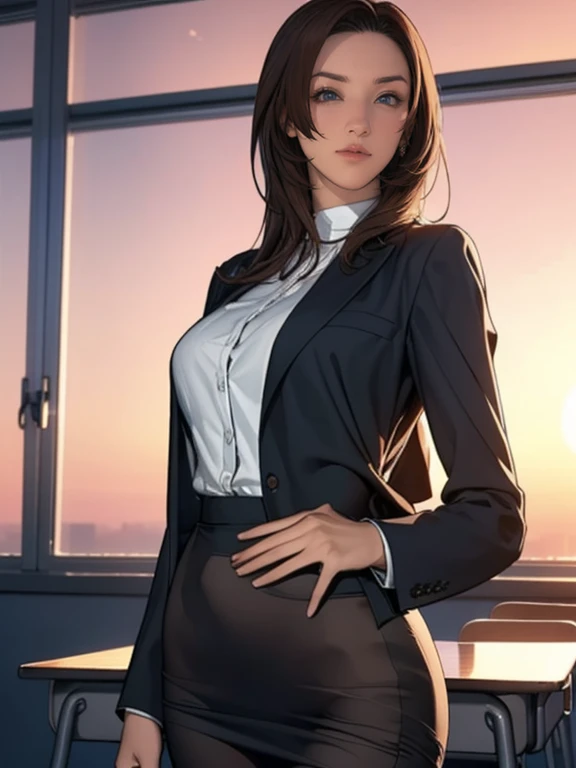 (8k,Photorealistic, masutepiece, Best Quality, Raw photo:1.3)、1woman in, 25years old,Solo,school girl, Long hair, Brown hair, Detailed beautiful face, alluring face, (Detailed beautiful brown eyes:1.2), medium breasts,(loose suit, sheer pencil Skirt :1.35), ( Perfect body skinny beauty: 1.4),( temptation Pose:1.3), (Looking at Viewer, front view,eyes focus:1.2), Detailed background, (sunset:1.2), classroom,fine detailed, intricate detailes, Ray tracing, depth of fields, seductive smile,classroom,