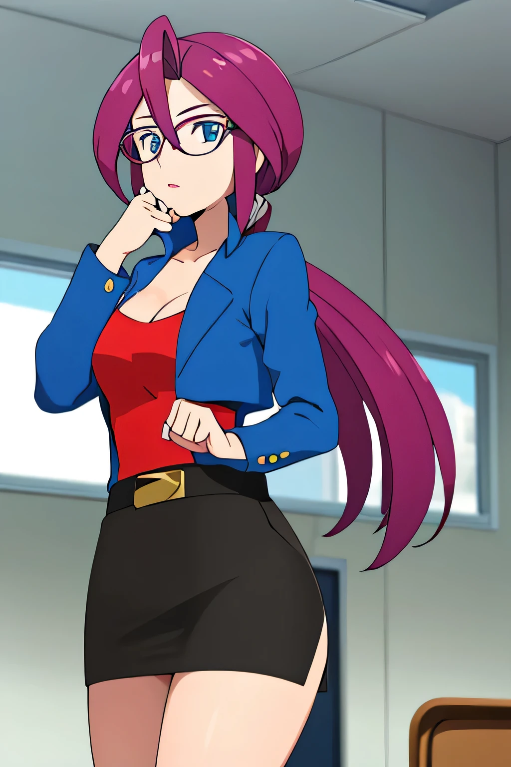 masterpiece, best quality, highres, animeLorelei, purple hair, blue eyes, hair between eyes, glasses, blue jacket, red shirt, cleavage, belt, pencil skirt, classroom, looking at viewer