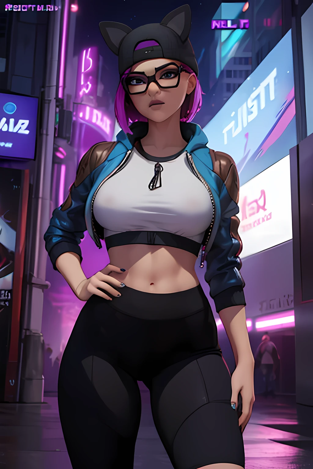 lince Cyberpunk, pulsera de picos,gorro de invierno , shorts negro con leggins Azul Marino, chaqueta azul marino ,Extremadamente detallado, rostro detallado, gafas ,hermoso rostro, ojos finos, mirando al espectador, pose femenino, Noche
