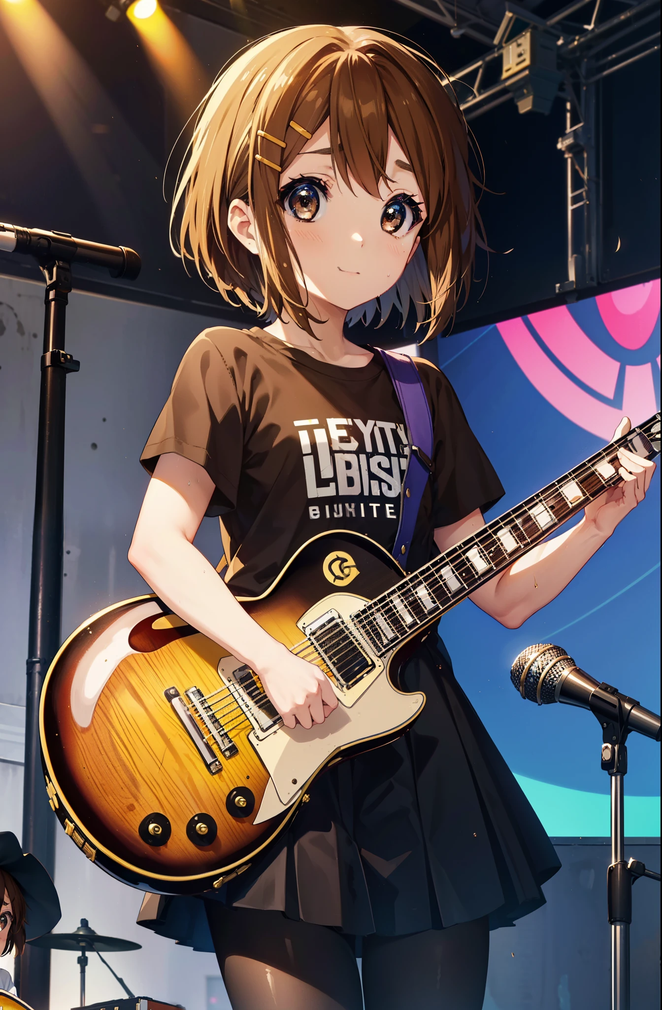 yuihirasawa, Yui Hirasawa, short hair, Brown Hair, hair ornaments, (Brown eyes:1.5),smile,Mouth wide open,Sweat,Wet clothes,Wet Skin,black print t shirt, Black pleated skirt,Black pantyhose,Brown loafers,Hair Clip,guitar(Gibson Les Paul)flip,stage,Singing with your mouth open,So that the whole body goes into the illustration,
break indoors, live house、
break looking at viewer, (Cowboy Shot:1.5),
break (masterpiece:1.2), highest quality, High resolution, unity 8k wallpaper, (shape:0.8), (Fine and beautiful eyes:1.6), Highly detailed face, Perfect lighting, Highly detailed CG, (Perfect hands, Perfect Anatomy),