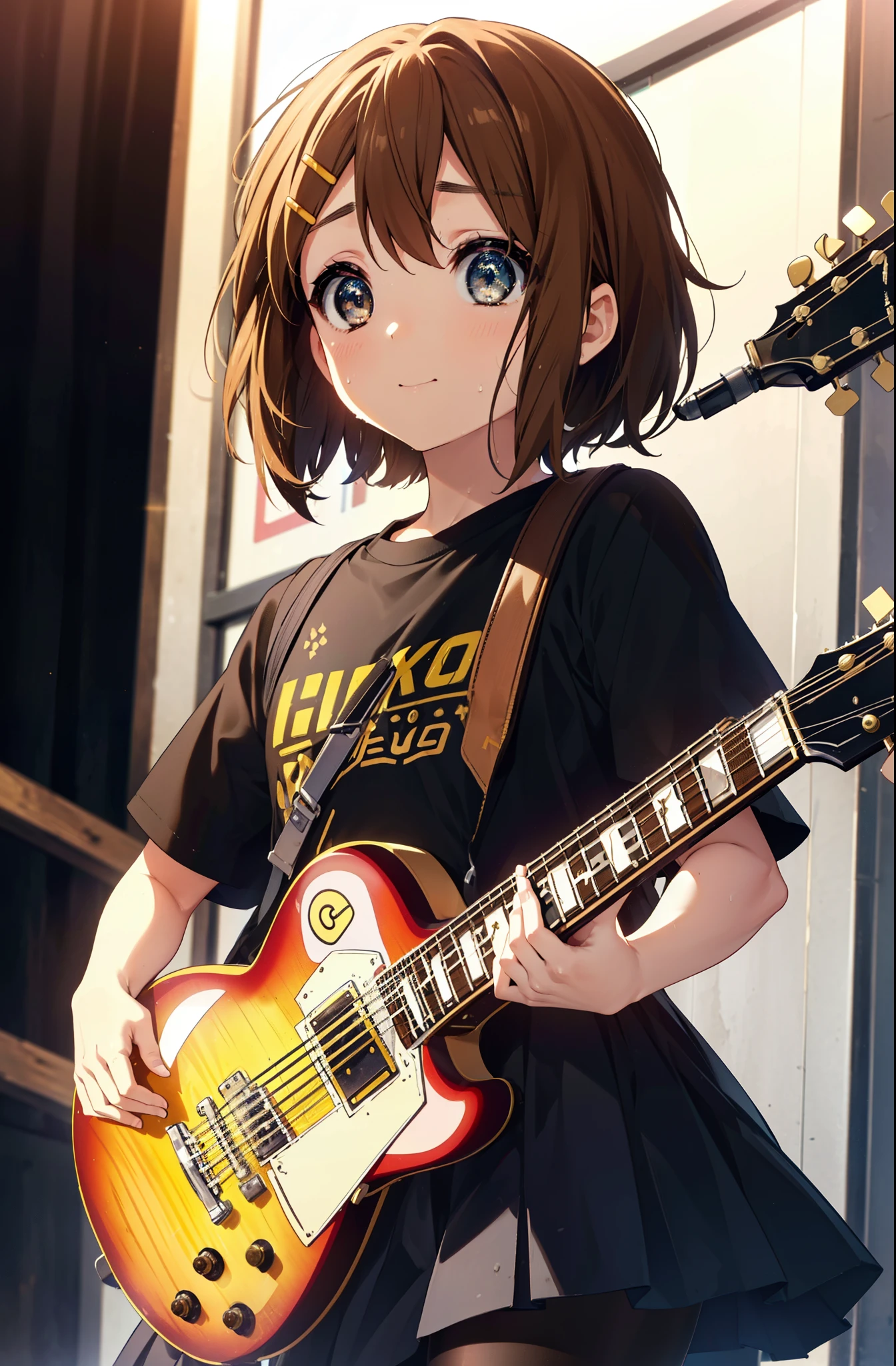 yuihirasawa, Yui Hirasawa, short hair, Brown Hair, hair ornaments, (Brown eyes:1.5),smile,Mouth wide open,Sweat,Wet clothes,Wet Skin,black print t shirt, Black pleated skirt,Black pantyhose,Brown loafers,Hair Clip,guitar(Gibson　Les Paul)flip,stage,Singing with your mouth open,So that the whole body goes into the illustration,
break indoors, live house、
break looking at viewer, (Cowboy Shot:1.5),
break (masterpiece:1.2), highest quality, High resolution, unity 8k wallpaper, (shape:0.8), (Fine and beautiful eyes:1.6), Highly detailed face, Perfect lighting, Highly detailed CG, (Perfect hands, Perfect Anatomy),