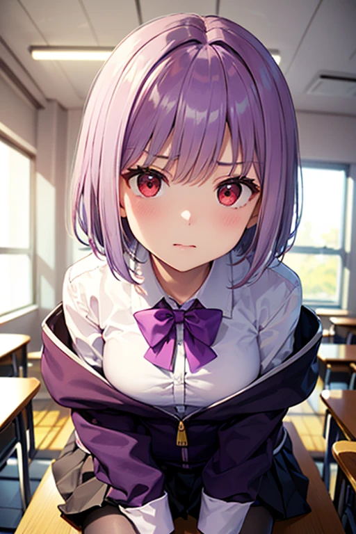 (8K、top-quality、masterpiece:1.2)、(realisitic、ultra-detailliert、超A high resolution,beautifull detailed face,perfect body,perfect lighting,constriction,beautiful detailed skin,skin texture,(((portrait))),(1giri,very short hair:1.5,purple hair,red eyes),giving a slight bow,(school uniform,purple bow tie,collared shirt,off shoulder,purple,jacket,partialy unzipped,long sleeves,sleeves past wrists,pleats skirt,black skirt,pantyhose,clothes around weist,black loafers)sitting chair,in classroom,annoying,bad mood,
