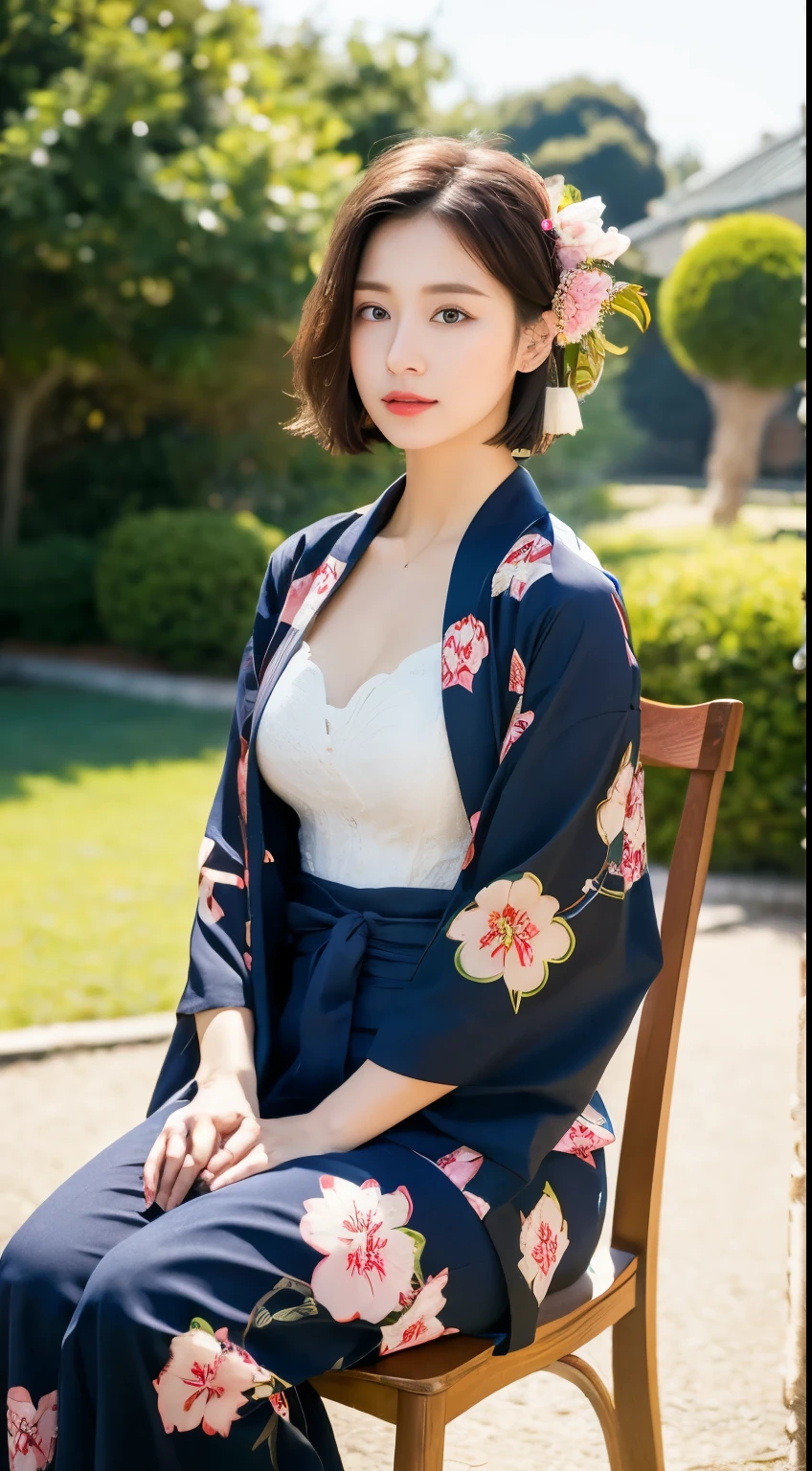 ulzzang-6500-v1.1, (Raw photo:1.2), (Photorealistic), (Genuine:1.4), (Mastepiece), there is a woman In kimono sitting on a chair, in kimono, Mature Woman, wear Kimono, Beasts, Flower Hair Ornaments, yukata, In kimono, Japanese style, wearing a haori, mitsumayo, Short hair