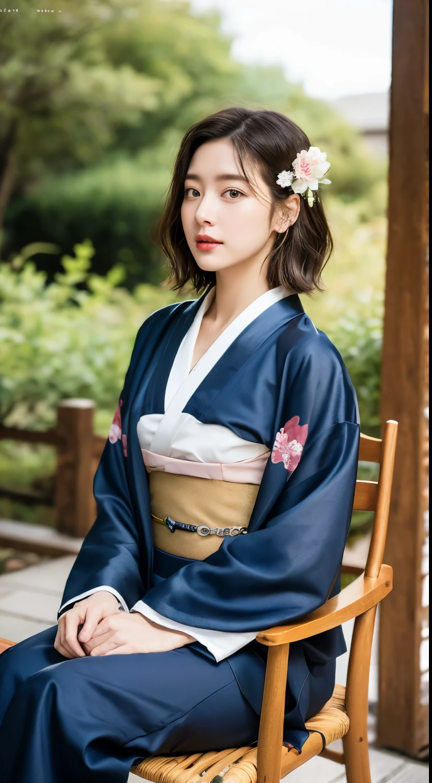 ulzzang-6500-v1.1, (Raw photo:1.2), (Photorealistic), (Genuine:1.4), (Mastepiece), there is a woman In kimono sitting on a chair, in kimono, Mature Woman, wear Kimono, Beasts, Flower Hair Ornaments, yukata, In kimono, Japanese style, wearing a haori, mitsumayo, Short hair