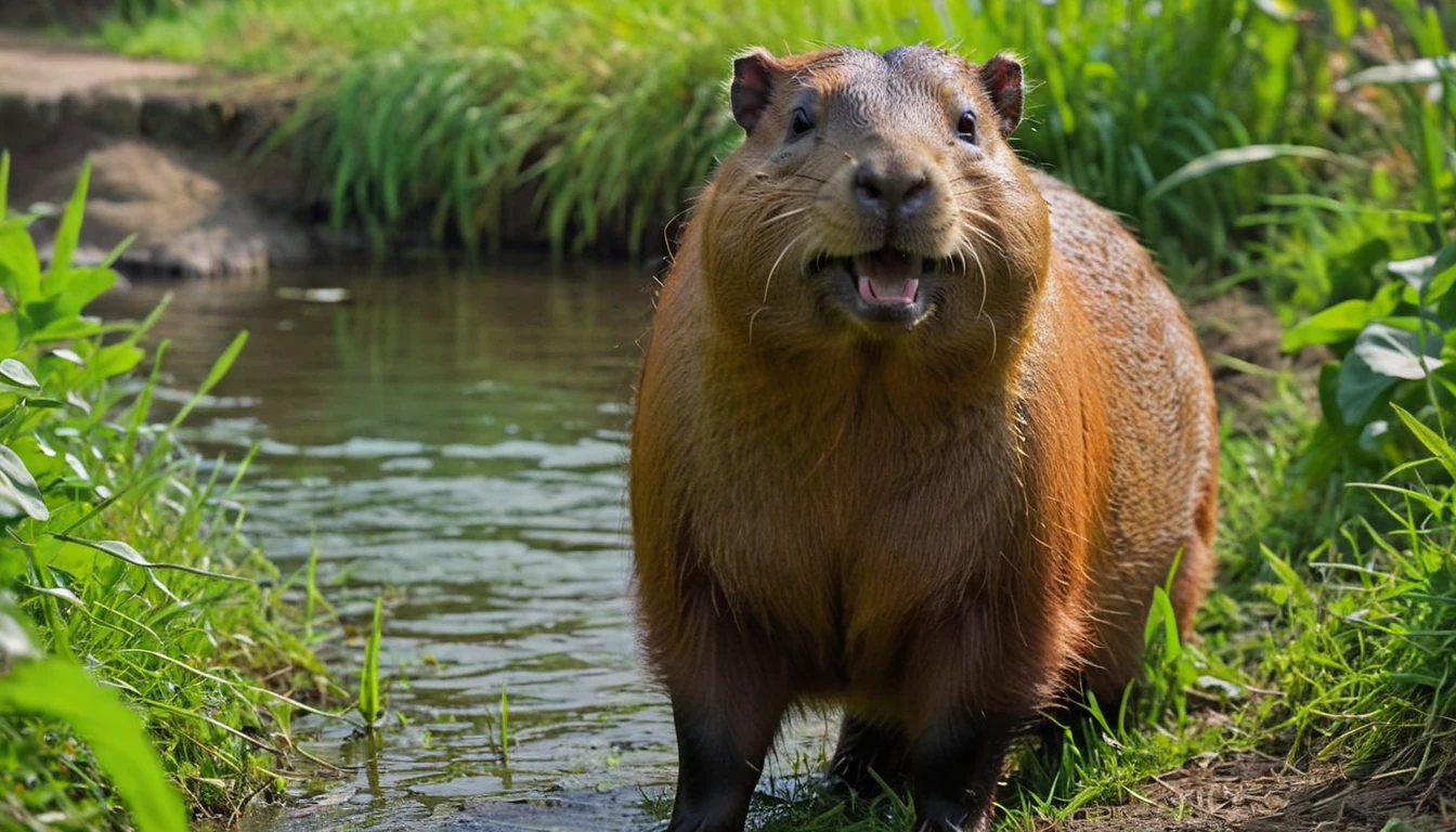 A Capybara (best quality, ultra-detailed, realistic:1.37), vibrant colors, playful, lush green scenery, expressive eyes, adorable face, friendly smile, inquisitive expression, adorable outfit, curious posture, in a peaceful garden, natural lighting