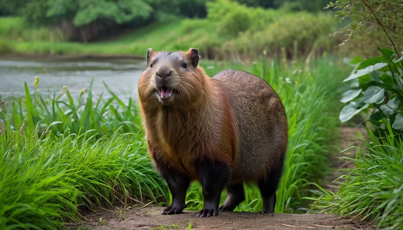 A Capybara (best quality, ultra-detailed, realistic:1.37), vibrant colors, playful, lush green scenery, expressive eyes, adorable face, friendly smile, inquisitive expression, adorable outfit, curious posture, in a peaceful garden, natural lighting