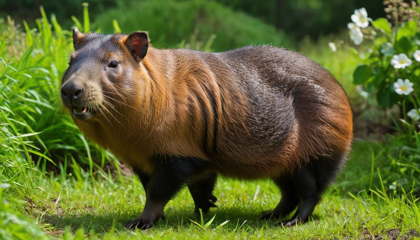 A Capybara (best quality, ultra-detailed, realistic:1.37), vibrant colors, playful, lush green scenery, expressive eyes, adorable face, friendly smile, inquisitive expression, adorable outfit, curious posture, in a peaceful garden, natural lighting