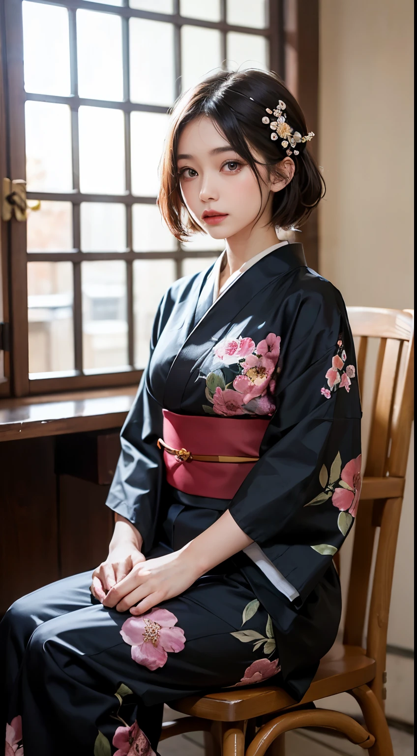 ulzzang-6500-v1.1, (Raw photo:1.2), (Photorealistic), (Genuine:1.4), (Mastepiece), there is a woman In kimono sitting on a chair, in kimono, Mature Woman, wear Kimono, Beasts, Flower Hair Ornaments, yukata, In kimono, Japanese style, wearing a haori, mitsumayo, Short hair