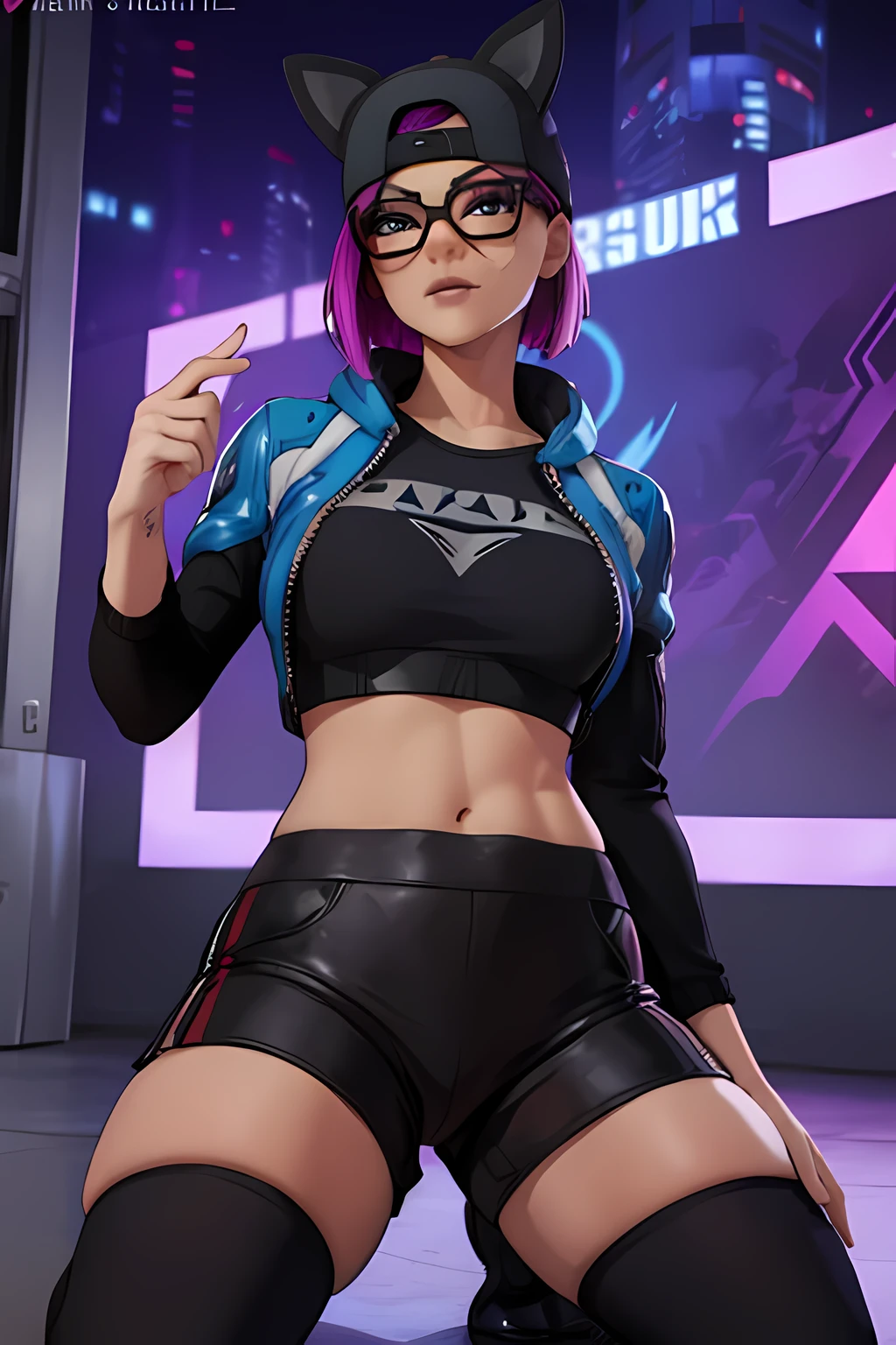 lince Cyberpunk , gorra , shorts negro con leggins Azul Marino, chaqueta azul marino ,Extremadamente detallado, rostro detallado, gafas ,hermoso rostro, ojos finos, mirando al espectador, pose femenino, Noche