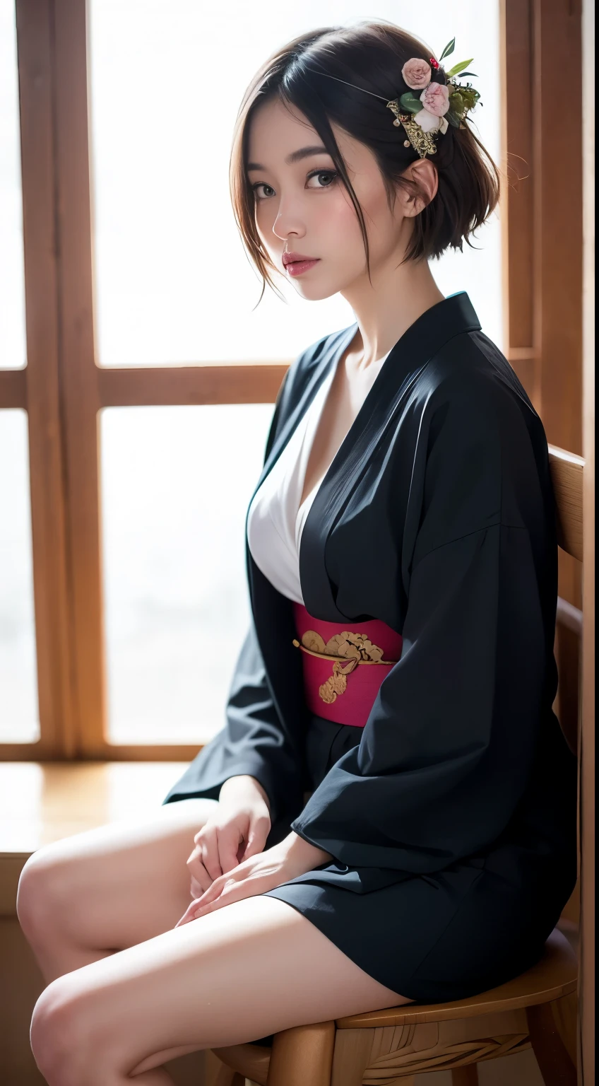 ulzzang-6500-v1.1, (Raw photo:1.2), (Photorealistic), (Genuine:1.4), (Mastepiece), there is a woman In kimono sitting on a chair, in kimono, Mature Woman, wear Kimono, Beasts, Flower Hair Ornaments, yukata, In kimono, Japanese style, wearing a haori, mitsumayo, Short hair
