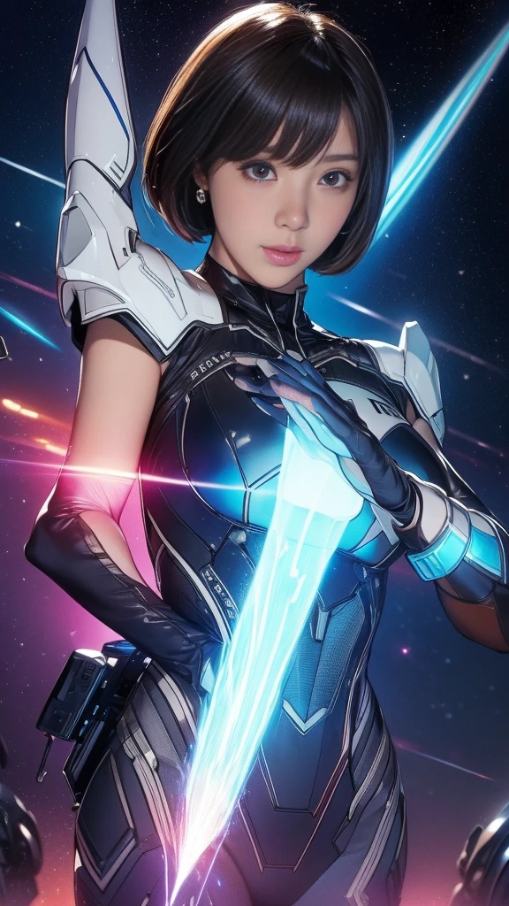 (original photo, best quality), (actual, photorealism:1.3), 1 girl, bob cut、earrings、Smile、actualbody,old space costume、ancient、rock、Ancient Ritual、Pyramid shaped UFO flying from space、laser light、 ((13 year old Japanese girl)), ((armpit hair、armpit hairを見せる、raise arms、armpit))