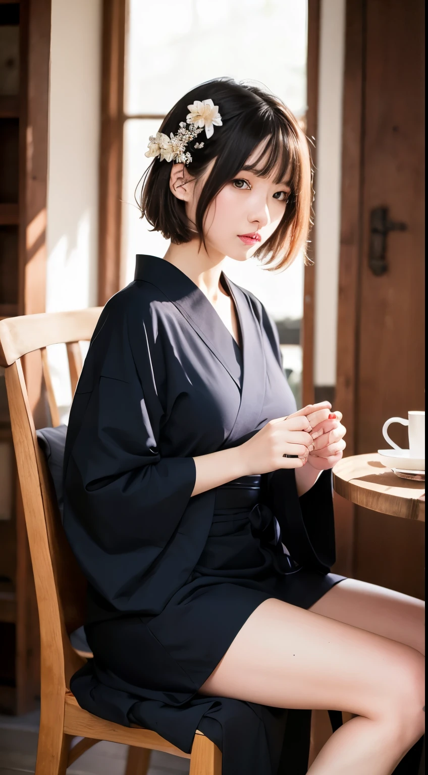 ulzzang-6500-v1.1, (Raw photo:1.2), (Photorealistic), (Genuine:1.4), (Mastepiece), there is a woman In kimono sitting on a chair, in kimono, Mature Woman, wear Kimono, Beasts, Flower Hair Ornaments, yukata, In kimono, Japanese style, wearing a haori, mitsumayo, Short hair