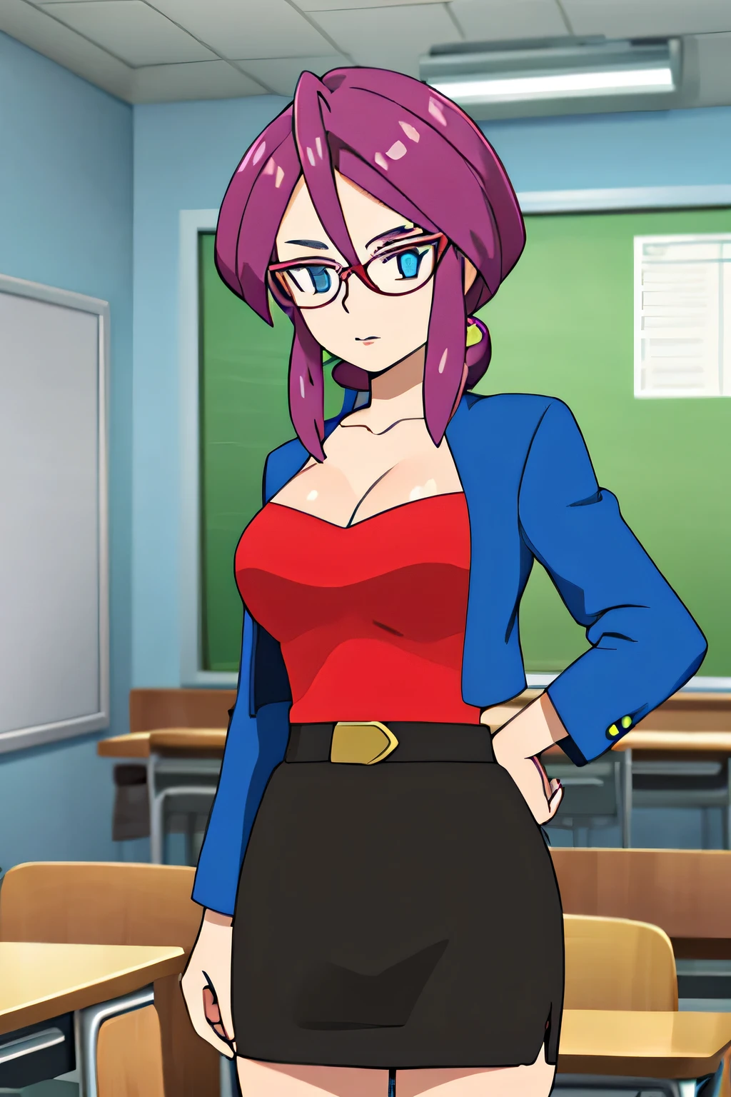 masterpiece, best quality, highres, animeLorelei, purple hair, blue eyes, hair between eyes, glasses, blue jacket, red shirt, cleavage, belt, pencil skirt, classroom, looking at viewer