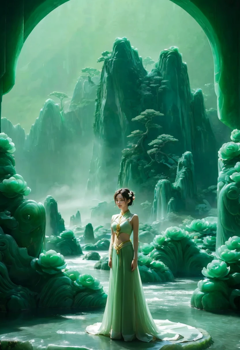 Photography of a lady standing before a massive jade screen adorned with a landscape carving, showcasing intricate details of mountains, rivers, and nature. The lady, exuding elegance and grace, is framed by the grandeur of the jade screen, which serves as a majestic backdrop that enhances the scene's visual appeal and cultural significance. The contrast between the lady's presence and the elaborate jade artwork creates a striking composition that highlights the beauty of both the natural and artistic elements in the photograph，bishoujo_senshi_sailor_moon, realistic， jade leggings, solo，jade hair，ruby，Anatomically correct, white jade skin ，jade suits，smile，beautiful，camel toe，background is A jade sculpture depicting a serene landscape