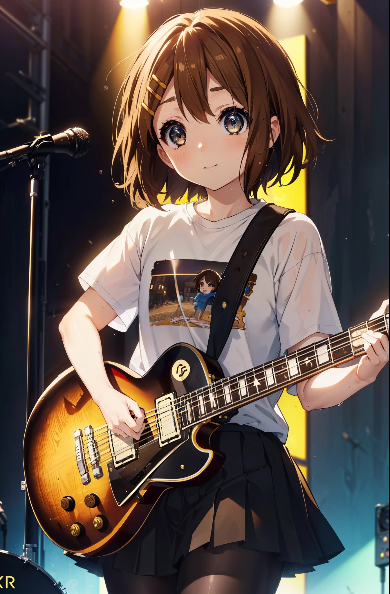 yuihirasawa, Yui Hirasawa, short hair, Brown Hair, hair ornaments, (Brown eyes:1.5),smile,Mouth wide open,Sweat,Wet clothes,Wet Skin,black print t shirt, Black pleated skirt,Black pantyhose,Brown loafers,Hair Clip,guitar(Gibson　Les Paul)flip,stage,Singing with your mouth open,So that the whole body goes into the illustration,
break indoors, live house、
break looking at viewer, (Cowboy Shot:1.5),
break (masterpiece:1.2), highest quality, High resolution, unity 8k wallpaper, (shape:0.8), (Fine and beautiful eyes:1.6), Highly detailed face, Perfect lighting, Highly detailed CG, (Perfect hands, Perfect Anatomy),