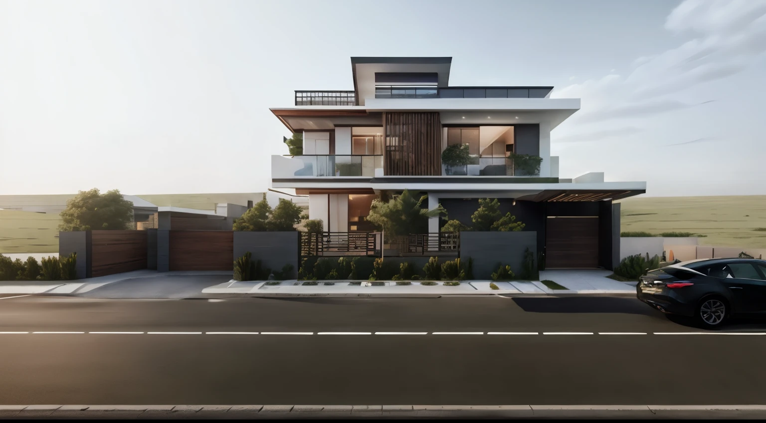 rendering of a modern house with a car parked in front, complete house, exterior design, concept house, lumion render, lumion rendering, cg rendering, professional render, rendered in lumion pro, high quality rendering, 3/4 view realistic, realistic render, contemporary house, highly rendered!!, modern house, fully detailed render, realistic 3 d style, frontview