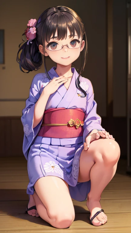 ((masterpiece)),((highest quality)),((Anatomical)),((Realistic)),((Detailed Description)),((cute)),((((Health Room)))),(((One girl))),(((Beautiful eyes))),(((Baby ((Petite))),((Bewitching Smile)),(((Above-the-knee length yukata))),(((Glasses))),(Full body view,