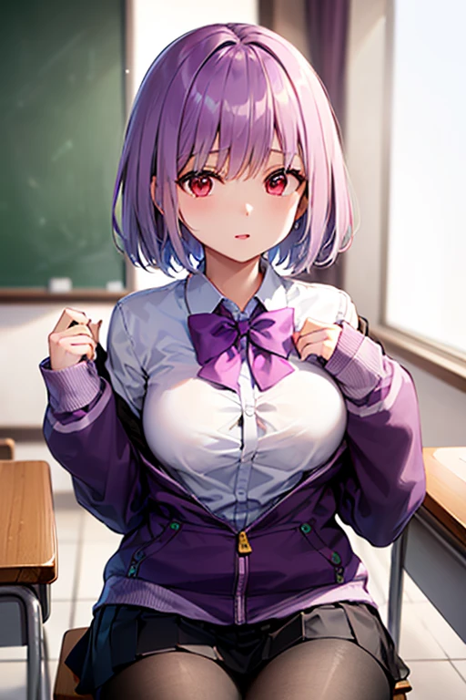 (8K、top-quality、masterpiece:1.2)、(realisitic、ultra-detailliert、超A high resolution,beautifull detailed face,perfect body,perfect lighting,constriction,beautiful detailed skin,skin texture,(((portrait))),(1giri,very short hair:1.5,purple hair,red eyes),giving a slight bow,(school uniform,purple bow tie,collared shirt,off shoulder,purple,jacket,partialy unzipped,long sleeves,sleeves past wrists,pleats skirt,black skirt,pantyhose,clothes around weist,black loafers)sitting chair,in classroom,annoying,eyes half-closed