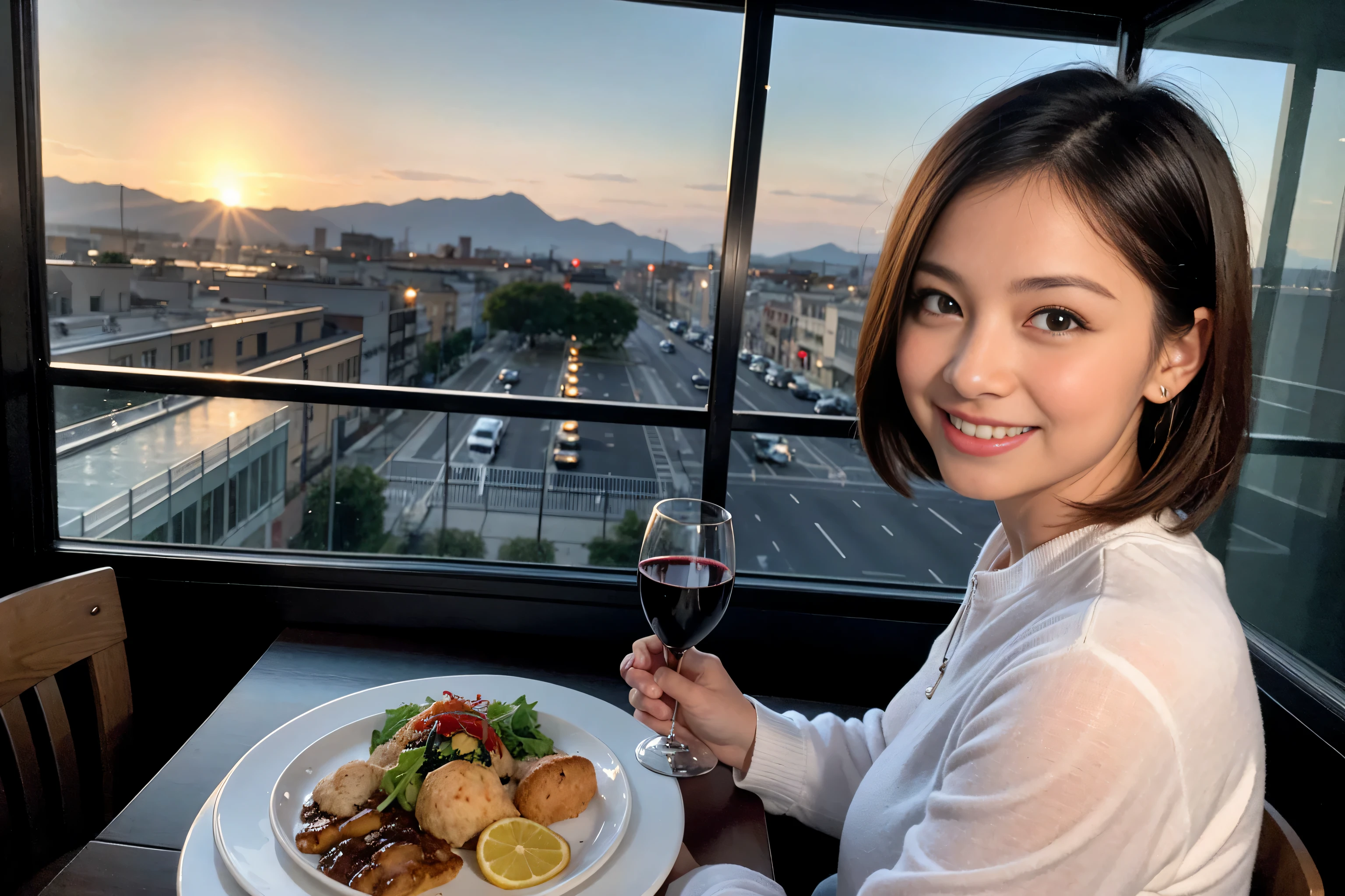 ((highest quality、8k、masterpiece:1.3))、Sharp focus:1.2、Beautiful woman perfect body:1.4、Slim body、((Bob Hale、Straight hair:1.2))、(to be born, highest quality, masterpiece:1.5), (Realistic, Intricate details:1.2), Ultra-high resolution, Shine light on your face、Spectacular view of the sunset sky and clouds、Amazing mountain views、A bright smile、wine glass、red wine 、Appetizer、Italian food、Wine bottle、Champagne、sparkling wine、, Beautiful Face, blue eyes, The light shines on your face, Blushing, short hair,Bright Face、Fox face、 (42 years old), 40 years old, Lady、Two beauties、Brown Hair、Shortcuts、Long sleeve shirt、dress、Pretty Woman 1, (slim face), (The body is slim), (Brown Hair), (Shortcuts), cheeks turn a little red,Attractive beauty、, Out of the window, A beautiful and detailed night view unfolds.........., restaurant, In a prominent place (From the waist up) Nova Frog Style, actress, model, Upper Body, White wine, slim, wine glass, A wine glass placed in the middle, smile, (smile: 1.15), Beautiful fine grain, Depth f/2,saturation, High Contrast, Strong light and shadow,Moist Body:1.5、3D texture、Delicate eyes、Brown Hair、The hair is very shiny、