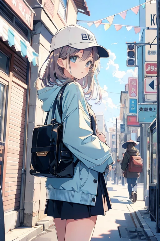 girl、one person、In town、Pastel tones、art、hat、cap、look back、