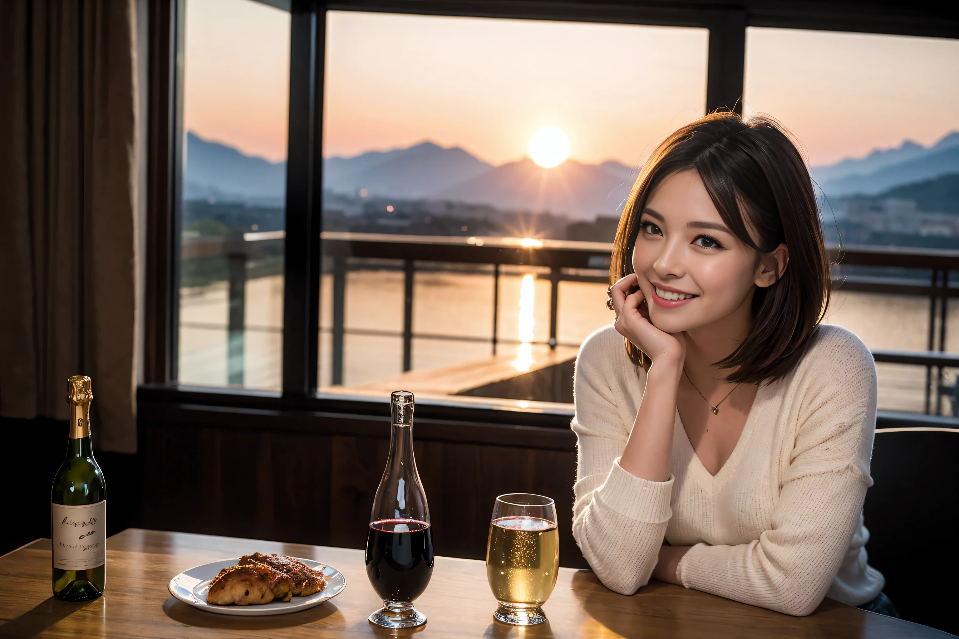 ((highest quality、8k、masterpiece:1.3))、Sharp focus:1.2、Beautiful woman perfect body:1.4、Slim body、((Bob Hale、Straight hair:1.2))、(to be born, highest quality, masterpiece:1.5), (Realistic, Intricate details:1.2), Ultra-high resolution, Shine light on your face、Spectacular view of the sunset sky and clouds、Amazing mountain views、A bright smile、wine glass、red wine 、Appetizer、Italian food、Wine bottle、Champagne、sparkling wine、, Beautiful Face, blue eyes, The light shines on your face, Blushing, short hair,Bright Face、Fox face、 (Age 37), 40 years old, Lady、Two beauties、Brown Hair、Shortcuts、Long sleeve shirt、dress、Pretty Woman 1, (slim face), (The body is slim), (Brown Hair), (Shortcuts), cheeks turn a little red,Attractive beauty、, Out of the window, A beautiful and detailed night view unfolds.........., restaurant, In a prominent place (From the waist up) Nova Frog Style, actress, model, Upper Body, White wine, slim, wine glass, A wine glass placed in the middle, smile, (smile: 1.15), Beautiful fine grain, Depth f/2,saturation, High Contrast, Strong light and shadow,Moist Body:1.5、3D texture、Delicate eyes、Brown Hair、The hair is very shiny、