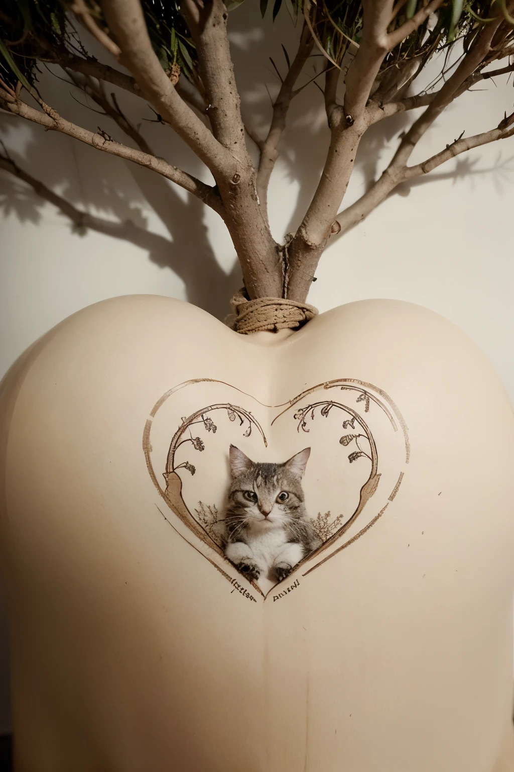 (dessin ligne d'un chat de dos facons timburton qui fait un coeur avec sa queue à cote d'un arbre qui fait un coeur avec ces branches