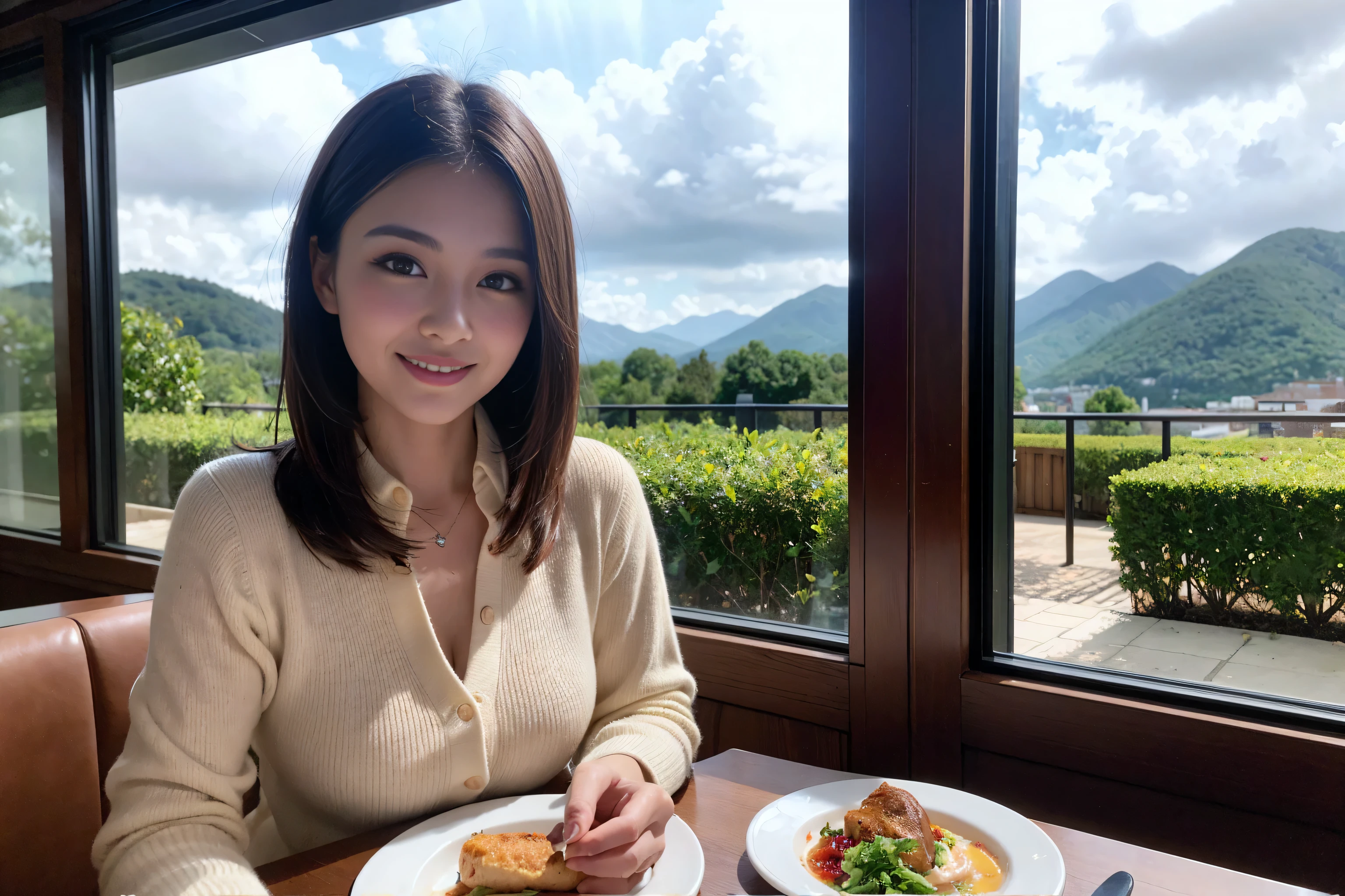 ((highest quality、8k、masterpiece:1.3))、Sharp focus:1.2、Beautiful woman perfect body:1.4、Slim body、((Bob Hale、Straight hair:1.2))、(to be born, highest quality, masterpiece:1.5), (Realistic, Intricate details:1.2), Ultra-high resolution, Shine light on your face、Spectacular view of the sunset sky and clouds、Amazing mountain views、A bright smile、wine glass、red wine 、Appetizer、Italian food、Wine bottle、Champagne、sparkling wine、, Beautiful Face, blue eyes, The light shines on your face, Blushing, short hair,Bright Face、Fox face、 (Age 37), 40 years old, Lady、Two beauties、Brown Hair、Shortcuts、Long sleeve shirt、dress、Pretty Woman 1, (slim face), (The body is slim), (Brown Hair), (Shortcuts), cheeks turn a little red,Attractive beauty、, Out of the window, A beautiful and detailed night view unfolds.........., restaurant, In a prominent place (From the waist up) Nova Frog Style, actress, model, Upper Body, White wine, slim, wine glass, A wine glass placed in the middle, smile, (smile: 1.15), Beautiful fine grain, Depth f/2,saturation, High Contrast, Strong light and shadow,Moist Body:1.5、3D texture、Delicate eyes、Brown Hair、The hair is very shiny、