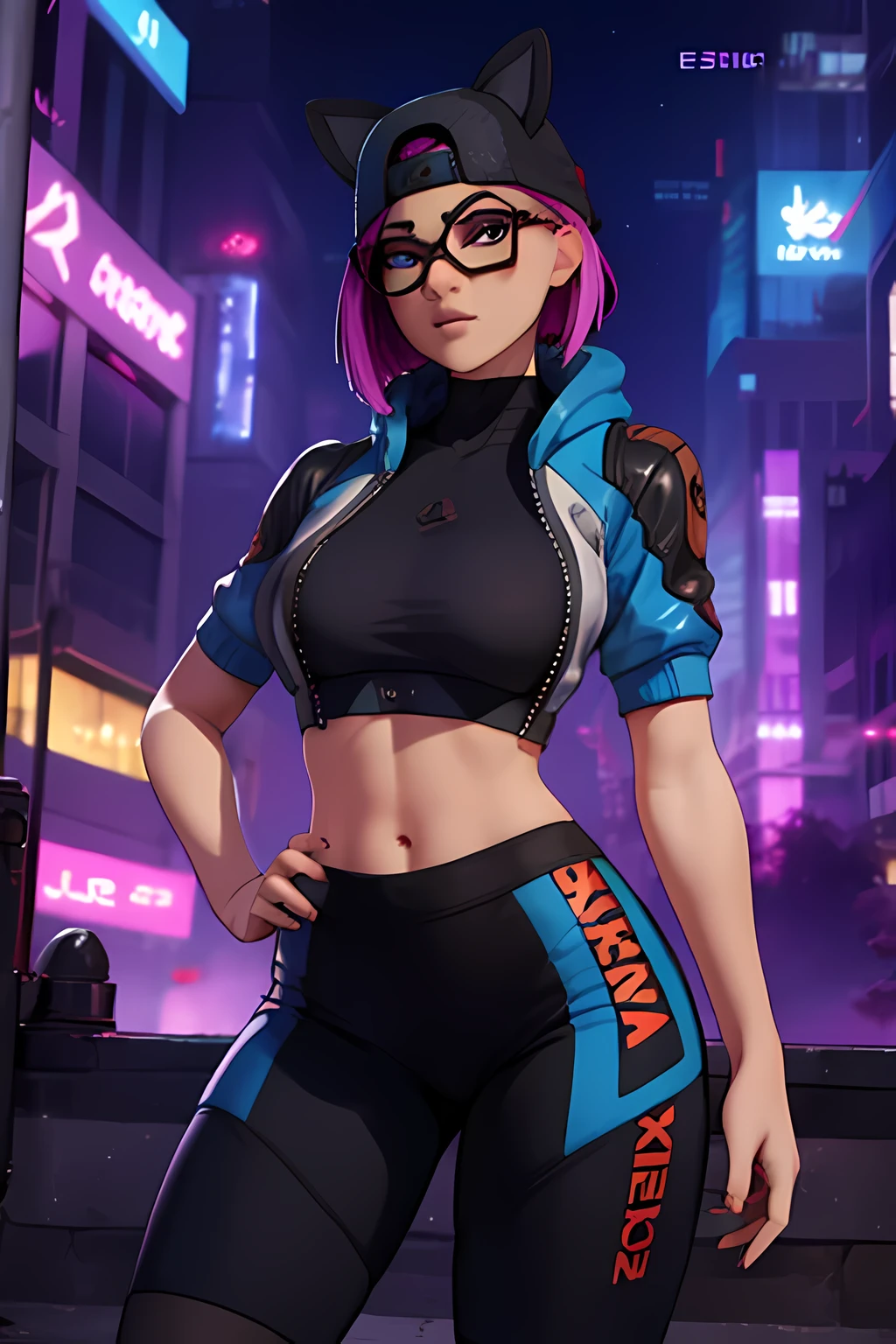 lince Cyberpunk , gorra , shorts negro con leggins Azul Marino, chaqueta azul marino ,Extremadamente detallado, rostro detallado, gafas ,hermoso rostro, ojos finos, mirando al espectador, pose femenino, Noche
