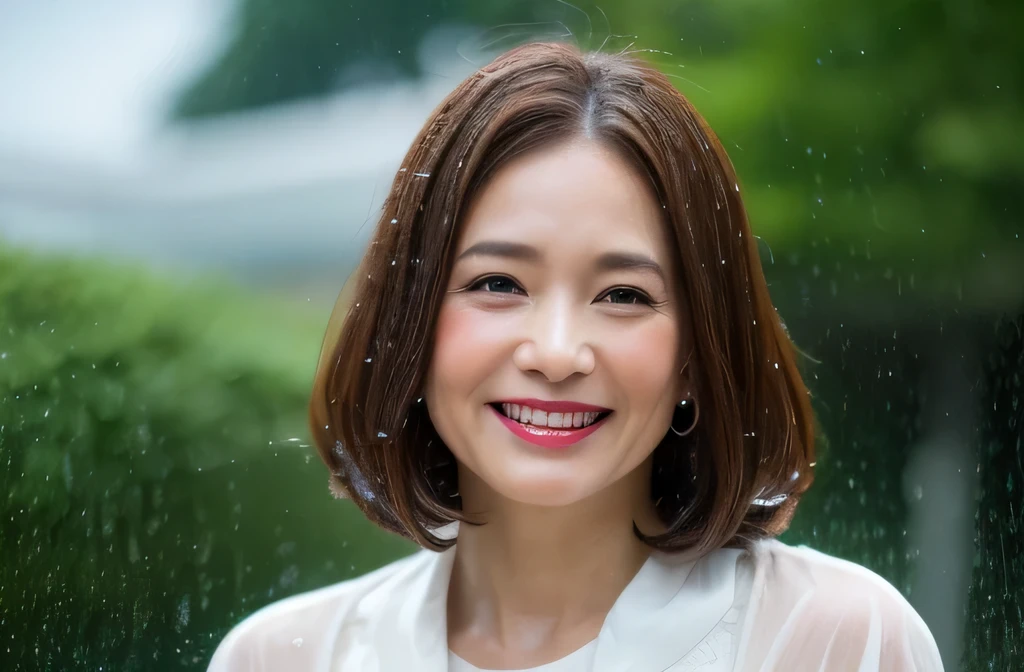 myself woman 50 years old Brown bob hair Brown Hair Beautiful straight hair Shiny Hair Japan (It rained and I got wet, Raindrops, Wet body :1.2) It's raining outside ( sharp ), (Facing the children_v1:0.7), (8k, highest quality), Unconscious, Please open your eyes, Big perfect hands, Detailed fingers, wedding ring, High resolution, original, (Flat Color:0.9),(colorful:1.1),(masterpiece:1,2), highest quality, masterpiece, High resolution, original, Highly detailed wallpaper, Audience'Perspective, alone, Portraiture, mature woman body set, smile, When I look at this, Rain Background,Natural wrinkles, Wrinkles around the eyes, Surreal, Natural Skin, Natural Hair Color, Bright red lips (It rained and I got wet、Raindrops、Wet body:1.2)、