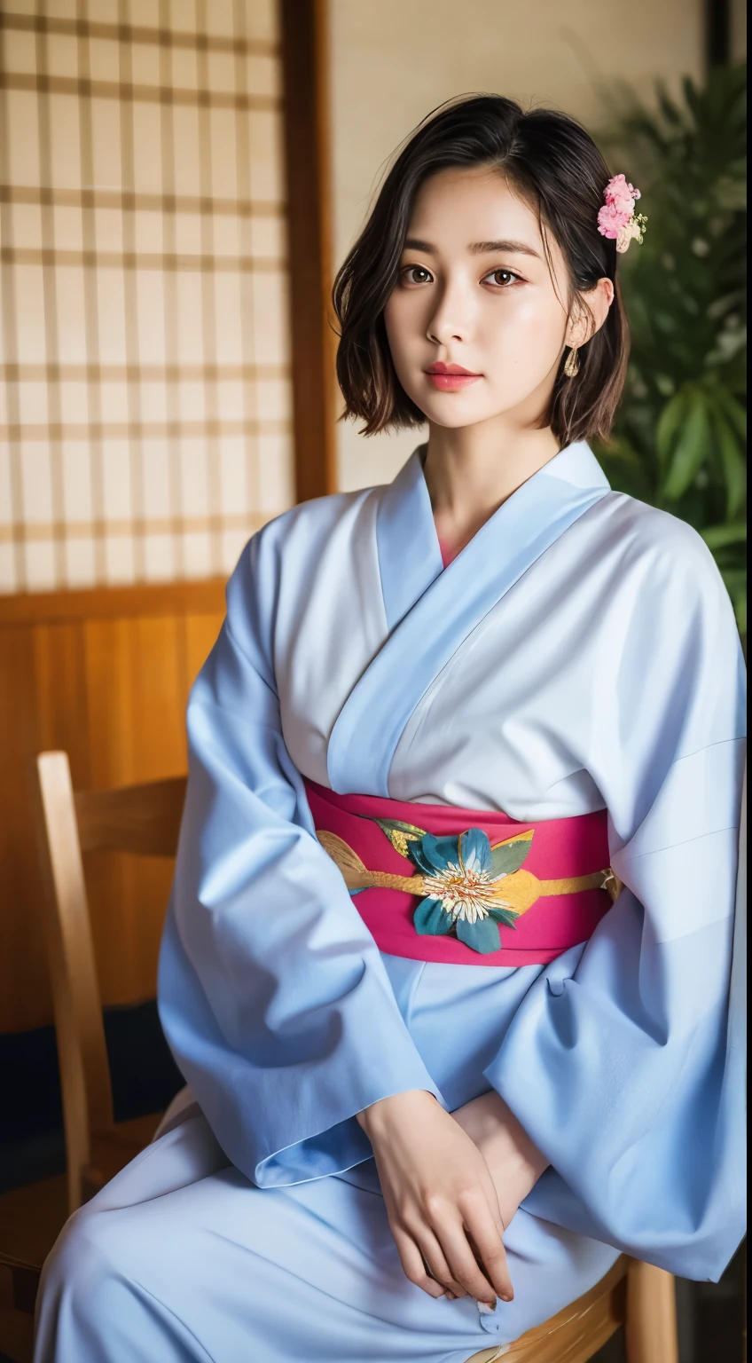ulzzang-6500-v1.1, (Raw photo:1.2), (Photorealistic), (Genuine:1.4), (Mastepiece), there is a woman In kimono sitting on a chair, in kimono, Mature Woman, wear Kimono, Beasts, Flower Hair Ornaments, yukata, In kimono, Japanese style, wearing a haori, mitsumayo, Short hair