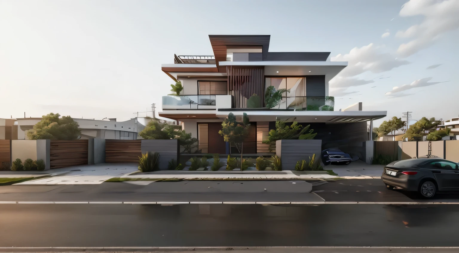 rendering of a modern house with a car parked in front, complete house, exterior design, concept house, lumion render, lumion rendering, cg rendering, professional render, rendered in lumion pro, high quality rendering, 3/4 view realistic, realistic render, contemporary house, highly rendered!!, modern house, fully detailed render, realistic 3 d style, frontview