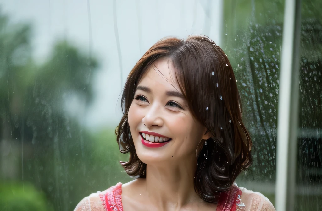 myself woman 50 years old profile Brown bob hair Brown Hair Beautiful Hair Shiny Hair Japan (It rained and I got wet, Raindrops, Wet body :1.2) It's raining outside ( sharp ), (Facing the children_v1:0.7), (8k, highest quality), Unconscious, Please open your eyes, Big perfect hands, Detailed fingers, wedding ring, High resolution, original, (Flat Color:0.9),(colorful:1.1),(masterpiece:1,2), highest quality, masterpiece, High resolution, original, Highly detailed wallpaper, Audience'Perspective, alone, Portraiture, mature woman body set, smile, When I look at this, Rain Background,Natural wrinkles, Wrinkles around the eyes, Surreal, Natural Skin, Natural Hair Color, Bright red lips (It rained and I got wet、Raindrops、Wet body:1.2)、