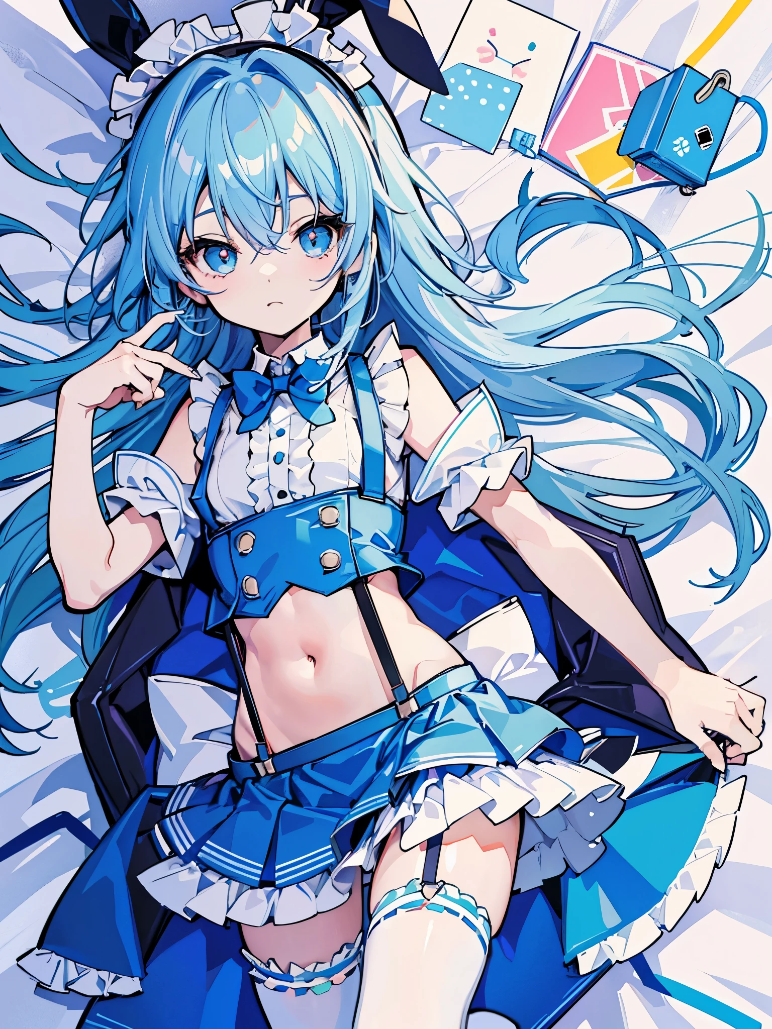 dakimakura style,hyper cutest shota,
light blue hair,loose long hair,rabbit shotas,(Reliable blue suspenders for hanging frilly miniskirts),(bare navel and stomach),School festival, bunny ear waitress,