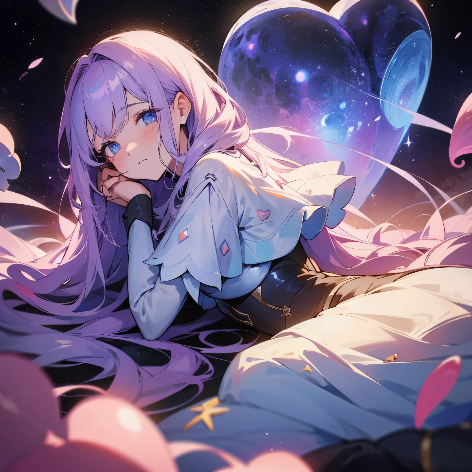 Dessin d'une femme triste au coeur brisé à cause d'un amour impossible avec pour fond une galaxie avec des meduses