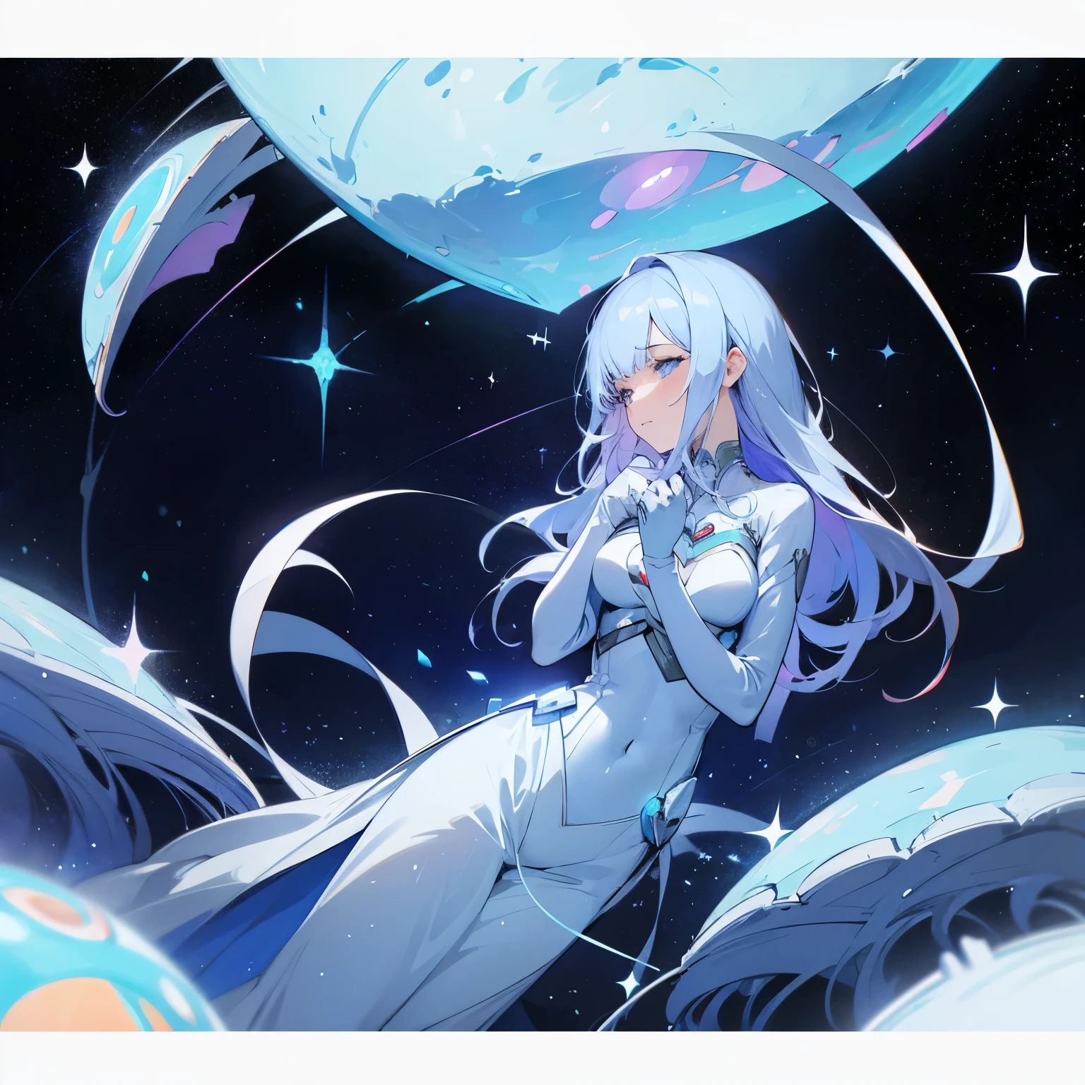 Dessin d'une femme triste au coeur brisé à cause d'un amour impossible avec pour fond une galaxie avec des meduses 