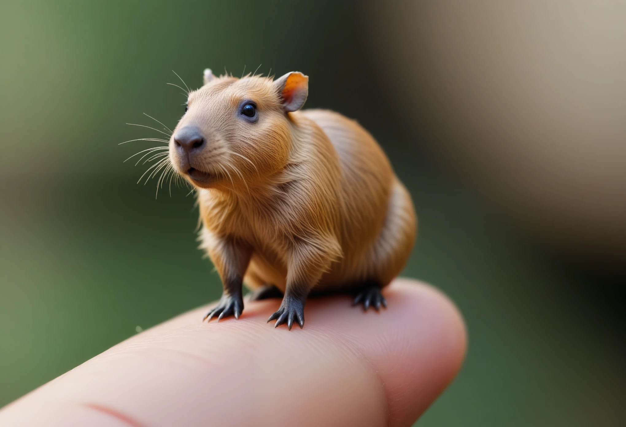 A tiny capybara sitting on the tip of the finger, macro shot, in the style of fantasy realism, miniaturecore, natural phenomena, I can't believe how beautiful this is, cute