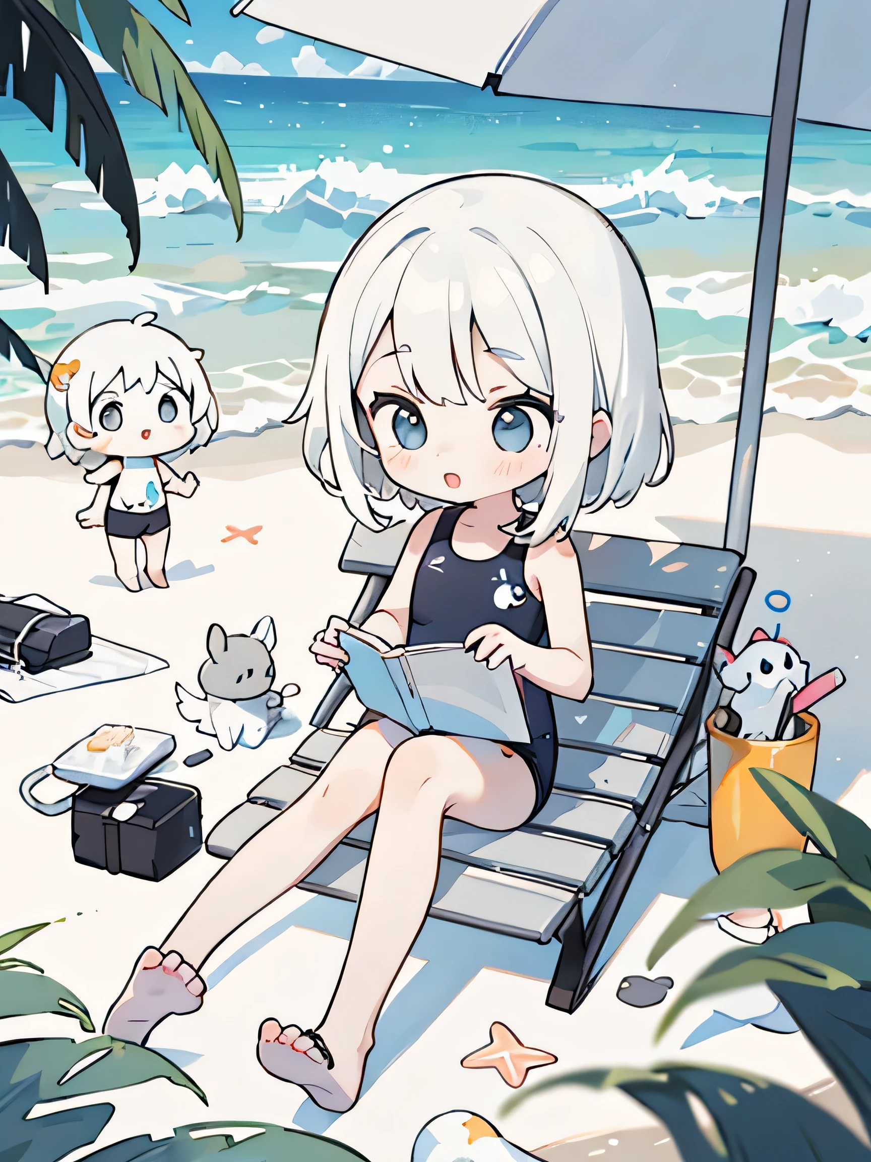 ((black and white antistress coloring book)) ((girl on the beach in a swimsuit with her friend)) Kawaii Design、The Most Beautiful Girl in the World, chibi, White hair, sea, umbrella, Lounger, a lot of details