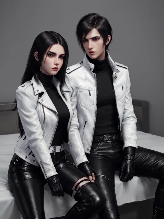 Final Fantasy-style graphics, young, Cute and cool Japanese boys, Thin eyebrows and big eyes, He is wearing a shiny white single-breasted leather jacket..。Biker style leather jacket、 with epaulettes, The jacket is zipped up, The jacket pockets are black., The jacket has a high stand-up collar with a belt, Also wearing a black turtleneck, Black Leather Pants, Thin black leather gloves on both hands, Black leather knee-high lace-up boots, Show me your whole body from head to toe, Final Fantasy Style、((good looking))、((Clear eyes and nose))、((Shiny white single leather jacket))、((The jacket must be white))((The jacket has epaulettes))、((The jacket has a high stand-up collar and is belted.))、((The jacket has a black pocket))、((Black turtleneck shirt))、((Shiny black leather pantake sure to wear shiny black leather gloves on both hands))、((Black lace-up leather long boots))、((View a head-to-toe image in the distance))、Realistic image quality and texture、In a small cell、close your eyes、A kind smile、((The jacket is closed with a zipper))、((No exposed skin below the neck))、((The two of them are sitting close together on the bed))