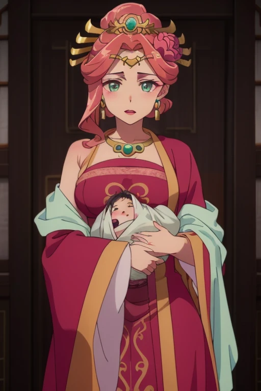 seat,blush,chapped lips, Deferred Pay,alone,pink hair,earring,headdress,hair flower,assembly,lipstick,green eyes, necklace,Hanfu,chinese clothes,red chinese clothes,pink dress,red dress,long sleeves,wide sleeves,red chest curtain, mother and daughter,mature woman,blanket,baby,2 women,laugh,, exquisite video, high quality,masterpiece,best quality,, exquisite video,high quality,masterpiece,best quality,18 years old,junior,beautiful fingers,beautiful long legs,beautiful body,big bust, beautiful character design,((pain,excitement))(((Loose clothes, shoulder exposure,breast exposure))
