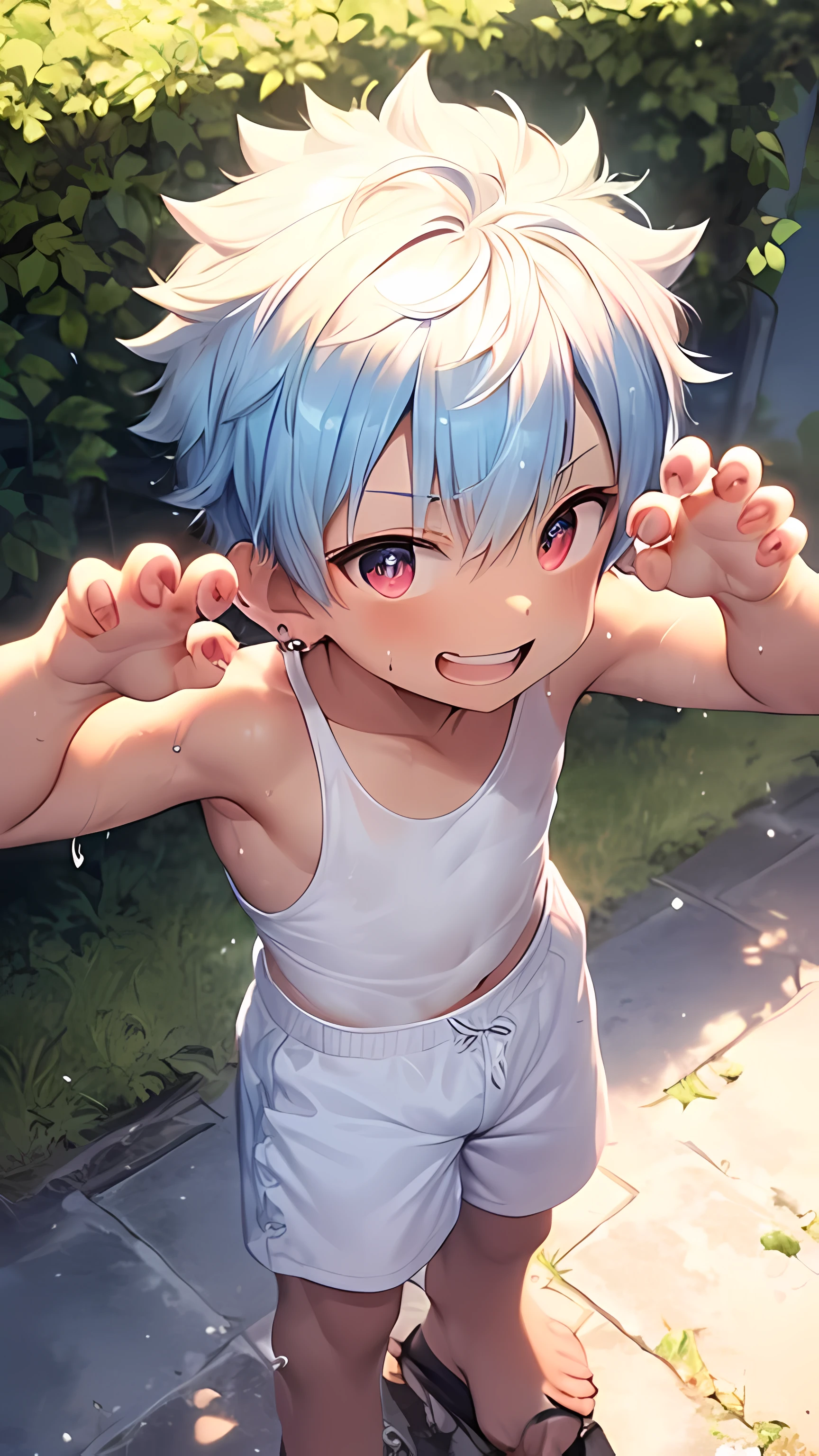 (shota:1.5), (baggy white tank top:1.5), (sky blue panties:1.4), (bulge:1.5), (claw pose:1.4), (((best quality))), (insanely detailed), (beautiful), ((masterpiece)), ((High quality)), (Ultra detailed), (skinny:1.3), ((spiked hair)), (wind blowing), ((light blue hair)), wine red eyes, (raised arms), (smiling:1.5),  ((open mouth)), ((earrings)), blue sky, grass, (choker on neck), armpits, nipple, sweaty skin, (wet clothes), abs, center, look up, (from above:1.3)