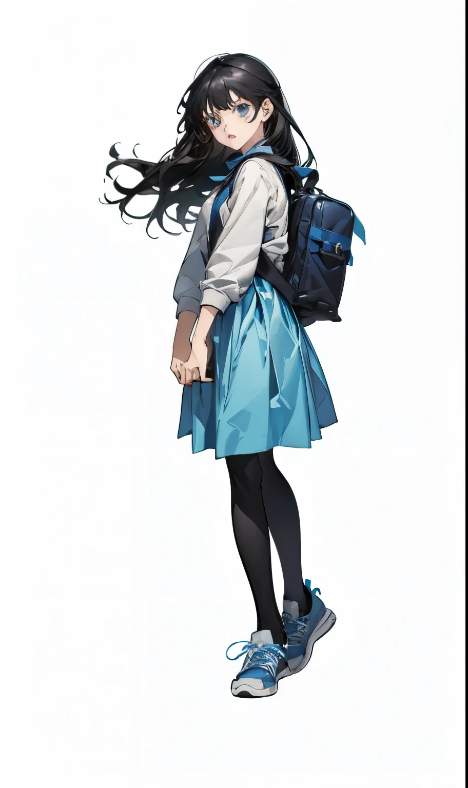 (masterpiece),(highest quality:1.1),(Super detailed),Shiny long hair、Black Hair、Bright blue eyes、1 Girl、************、((Girl))、Light blue school bag、one piece、sneakers、tights、（White background）、Are standing