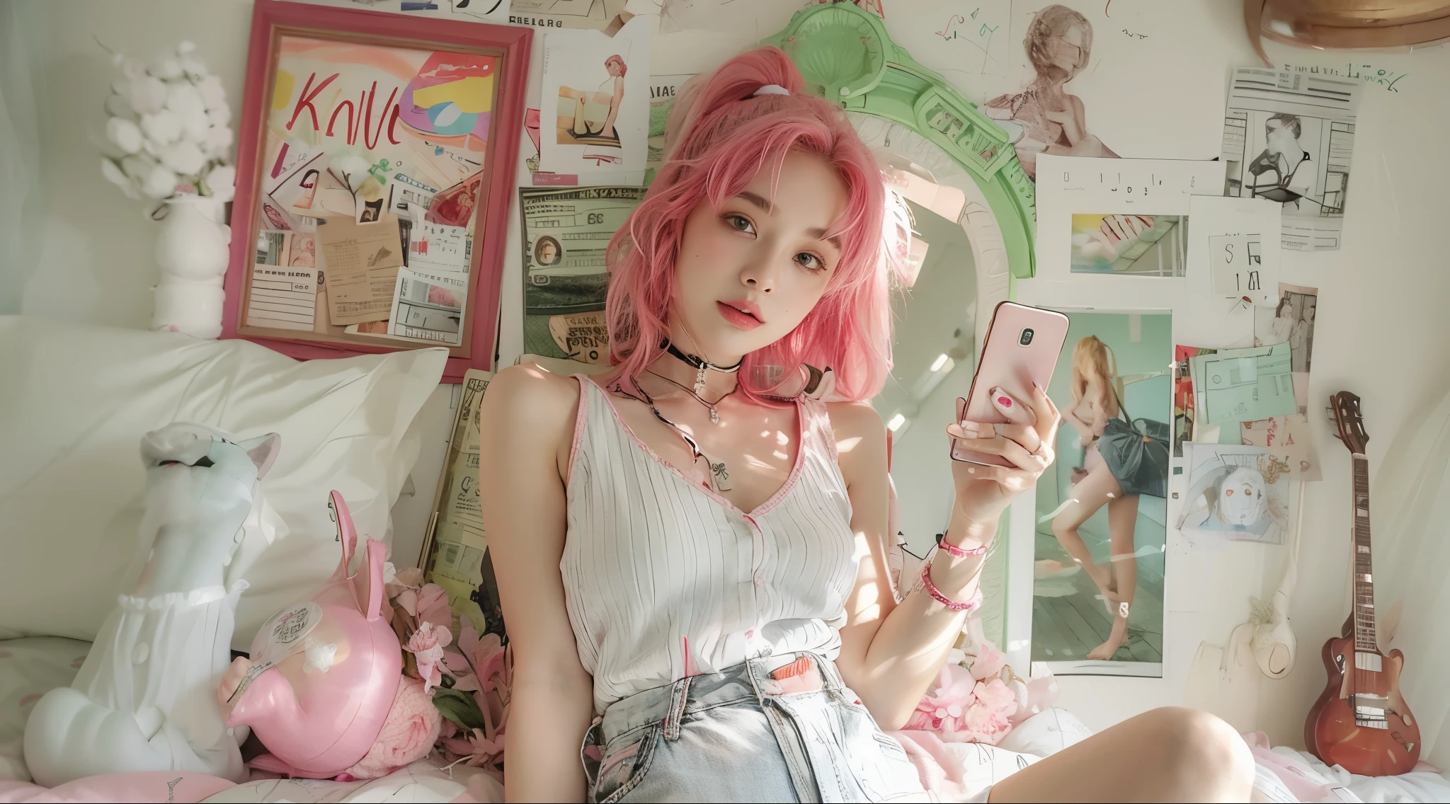 Fashion selfie of a 19-year-old young girl with pink hair and trendy outfits. The background is a retro pictorial background board, a KV background board, a full-length mirror, full of energy