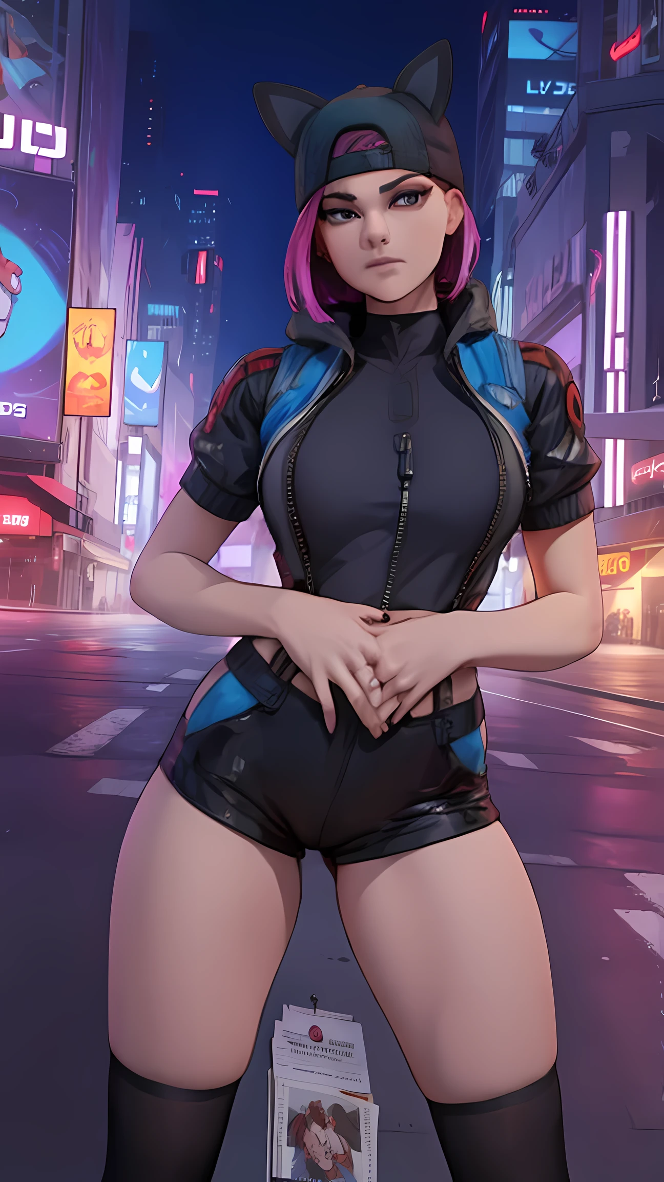 lince Cyberpunk , gorra , shorts negro con leggins Azul Marino, chaqueta azul marino ,Extremadamente detallado, rostro detallado, gafas ,hermoso rostro, ojos finos, mirando al espectador, pose femenino, Noche