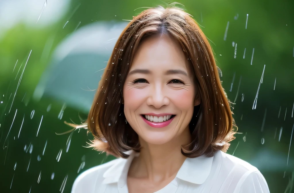 myself　woman　45 years old　Brown bob hair　Brown Hair　Beautiful straight hair　 Shiny Hair　Japanese　During the rainy season　Holding an umbrella　(It rained and I got wet, Raindrops, Wet body :1.2)　It&#39;s raining outside ( sharp ), (Facing the children_v1:0.7), (8k, highest quality), Unconscious, Please open your eyes, Big perfect hands, Detailed fingers, wedding ring, High resolution, original, (Flat Color:0.9),(colorful:1.1),(masterpiece:1,2), highest quality, masterpiece, High resolution, original, Highly detailed wallpaper, Audience&#39;Perspective, alone, Portraiture, mature woman body set, smile, When I look at this, Rain Background,Natural wrinkles, Wrinkles around the eyes, Surreal, Natural Skin, Natural Hair Color, Bright red lips