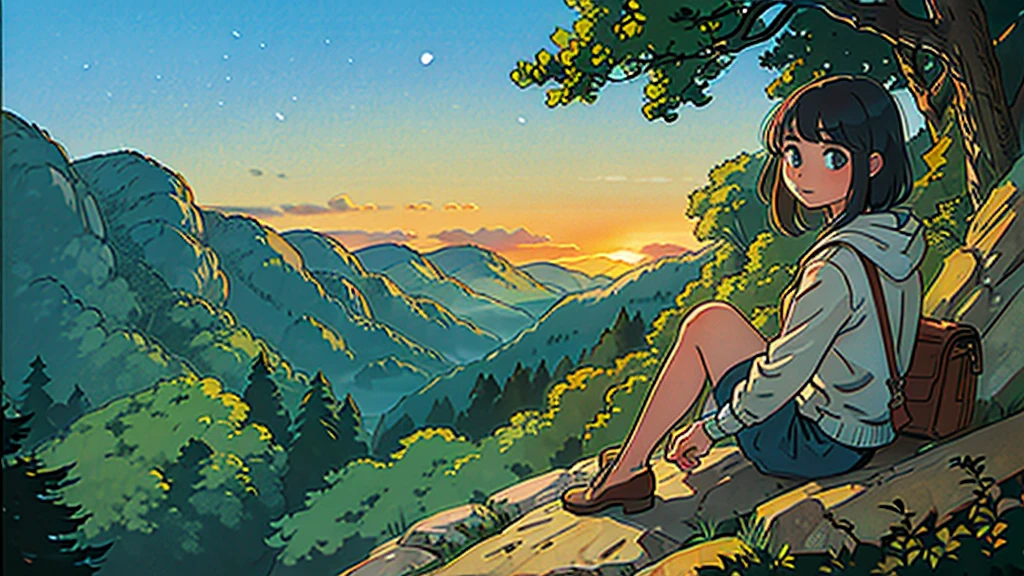 A person sitting on a mountain ledge overlooking a beautiful valley with a sense of wonder and curiosity on their face.