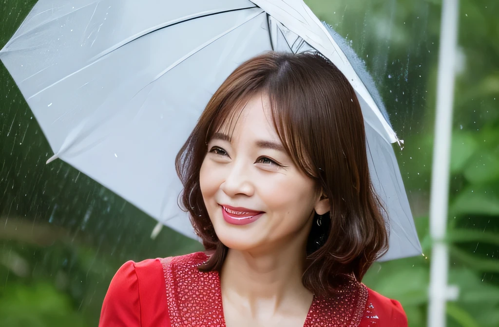 myself woman 45 years old Brown bob hair Brown Hair Beautiful straight hair Shiny Hair Japanese During the rainy season Holding an umbrella (It rained and I got wet, Raindrops, Wet body :1.2) It's raining outside ( sharp ), (Facing the children_v1:0.7), (8k, highest quality), Unconscious, Please open your eyes, Big perfect hands, Detailed fingers, wedding ring, High resolution, original, (Flat Color:0.9),(colorful:1.1),(masterpiece:1,2), highest quality, masterpiece, High resolution, original, Highly detailed wallpaper, Audience'Perspective, alone, Portraiture, mature woman body set, smile, When I look at this, Rain Background,Natural wrinkles, Wrinkles around the eyes, Surreal, Natural Skin, Natural Hair Color, Bright red lips