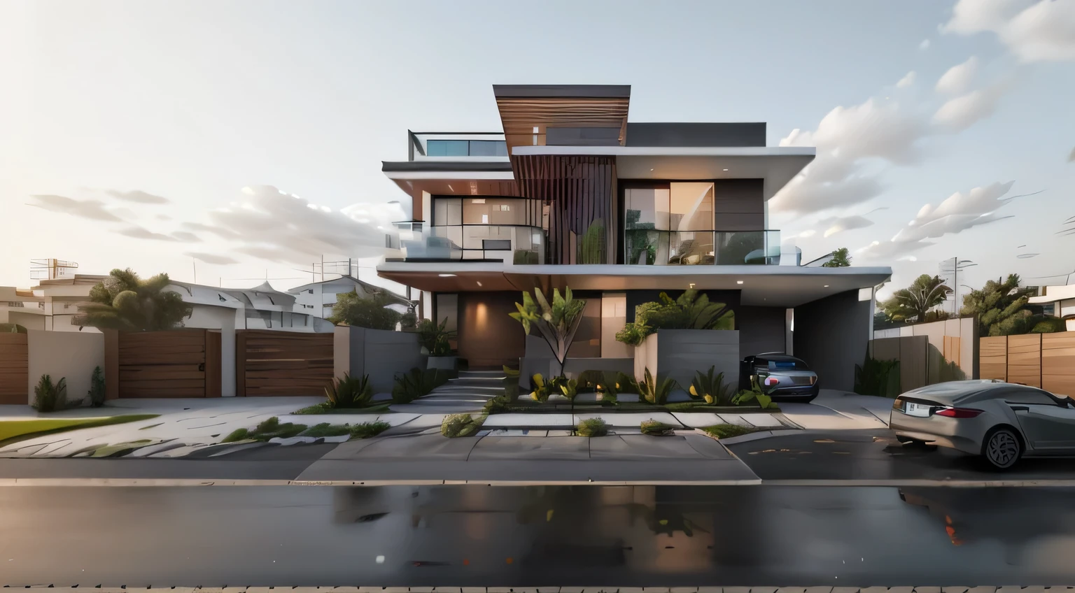 rendering of a modern house with a car parked in front, complete house, exterior design, concept house, lumion render, lumion rendering, cg rendering, professional render, rendered in lumion pro, high quality rendering, 3/4 view realistic, realistic render, contemporary house, highly rendered!!, modern house, fully detailed render, realistic 3 d style, frontview