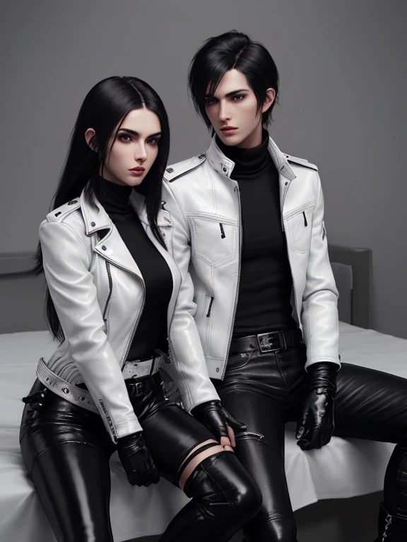 Final Fantasy-style graphics, young, Cute and cool Japanese boys, Thin eyebrows and big eyes, He is wearing a shiny white single-breasted leather jacket..。Biker style leather jacket、 with epaulettes, The jacket is zipped up, The jacket pockets are black., The jacket has a high stand-up collar with a belt, Also wearing a black turtleneck, Black Leather Pants, Thin black leather gloves on both hands, Black leather knee-high lace-up boots, Show me your whole body from head to toe, Final Fantasy Style、((good looking))、((Clear eyes and nose))、((Shiny white single leather jacket))、((The jacket must be white))((The jacket has epaulettes))、((The jacket has a high stand-up collar and is belted.))、((The jacket has a black pocket))、((Black turtleneck shirt))、((Shiny black leather pantake sure to wear shiny black leather gloves on both hands))、((Black lace-up leather long boots))、((View a head-to-toe image in the distance))、Realistic image quality and texture、In a small cell、close your eyes、A kind smile、((The jacket is closed with a zipper))、((No exposed skin below the neck))、((The two of them are sitting close together on the bed))